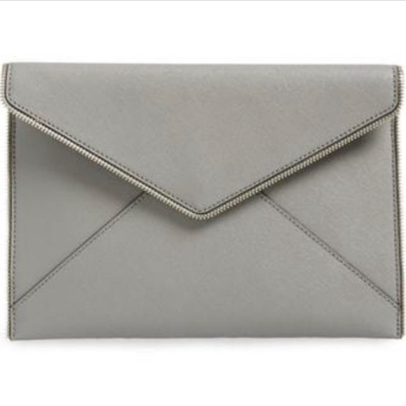 REBECCA MINKOFF Leo Gray Safiano Structure Leather Zipper Accent Envelope Clutch - Picture 2 of 16